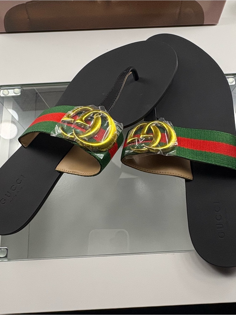 Gucci Black Slides with Green-Red Web and Gold Double G - Picture 2 of 3